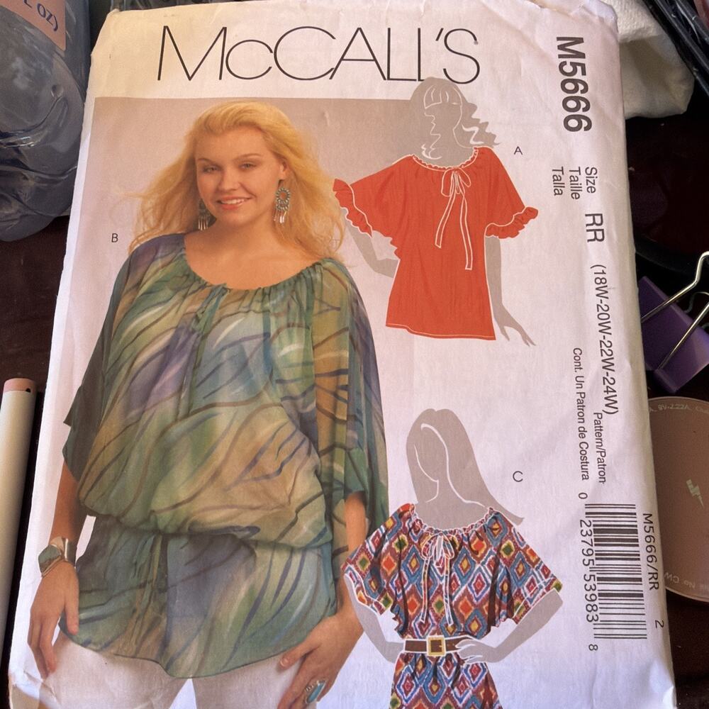 McCall's Pattern 5666 Woman's Blouse Shirt Tunic Drawstring Neckline 18-24W New